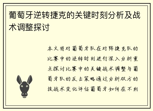 葡萄牙逆转捷克的关键时刻分析及战术调整探讨