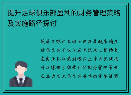 提升足球俱乐部盈利的财务管理策略及实施路径探讨