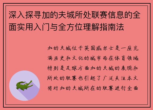 深入探寻加的夫城所处联赛信息的全面实用入门与全方位理解指南法